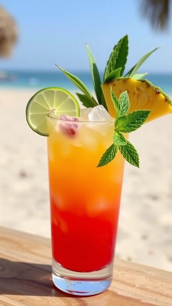 A refreshing Coconut Rum Breeze cocktail with pineapple and cranberry juices, garnished with lime and mint leaves, set against a beach backdrop.